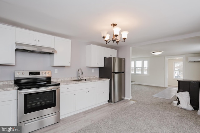 kitchen with sink, a wall mounted air conditioner, white cabinets, and appliances with stainless steel finishes