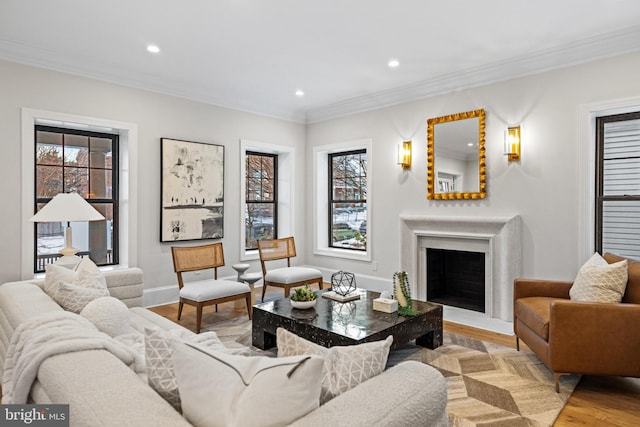 living room with a healthy amount of sunlight, light wood-type flooring, and ornamental molding