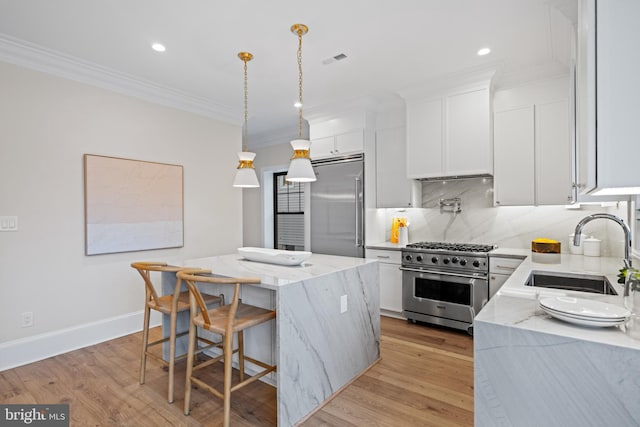 kitchen with premium appliances, white cabinetry, a kitchen island, and sink