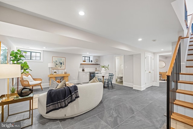 living room featuring beverage cooler