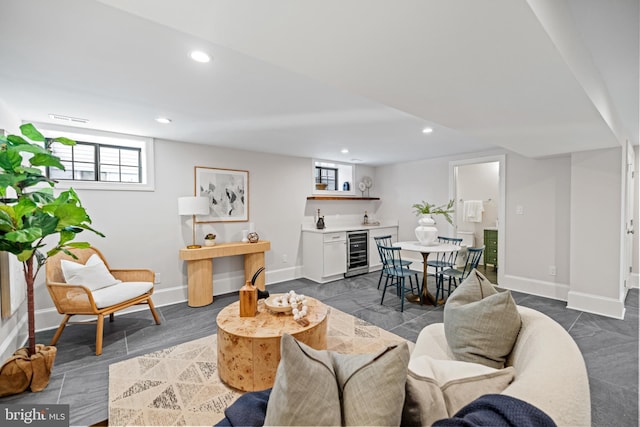 living room featuring wine cooler