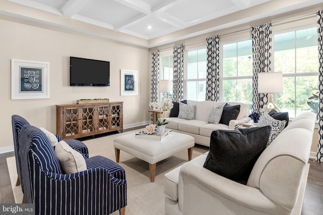 living room featuring beam ceiling, plenty of natural light, and coffered ceiling