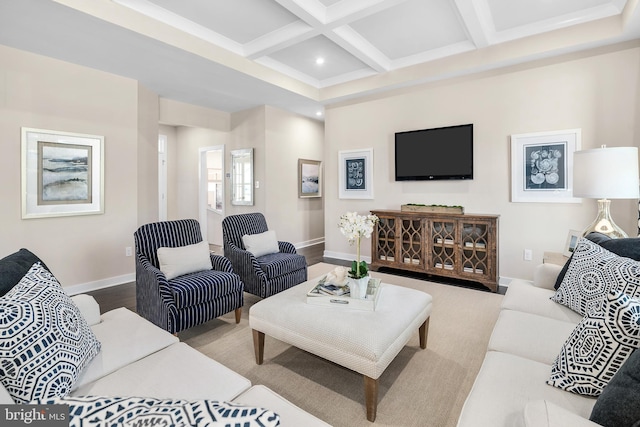 living room featuring beamed ceiling and coffered ceiling