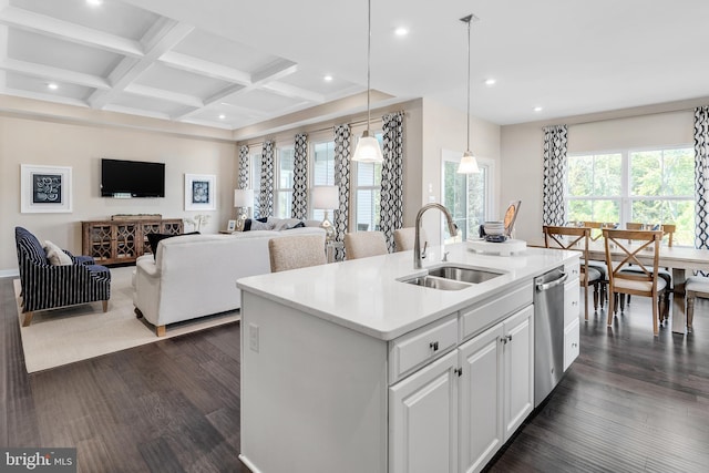 kitchen featuring white cabinetry, sink, hanging light fixtures, stainless steel dishwasher, and an island with sink