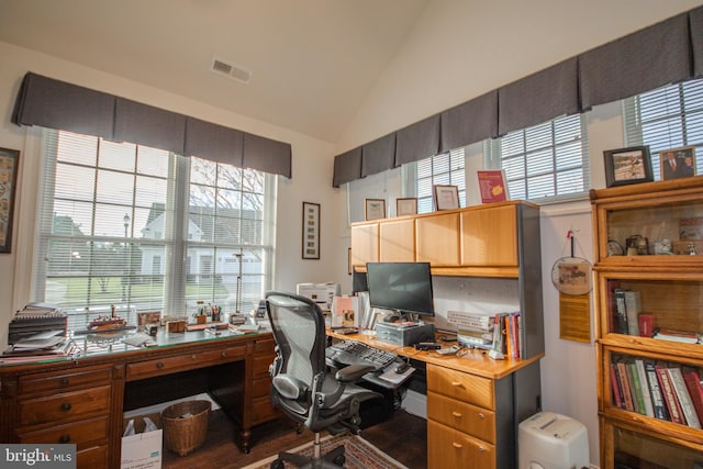 office area featuring lofted ceiling