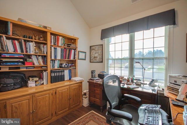 office featuring dark hardwood / wood-style floors and lofted ceiling