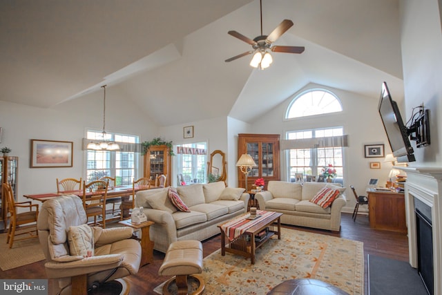 living room with ceiling fan with notable chandelier, dark hardwood / wood-style flooring, and high vaulted ceiling