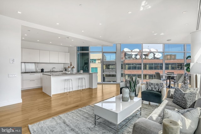 living room featuring light hardwood / wood-style flooring, sink, and a wall of windows