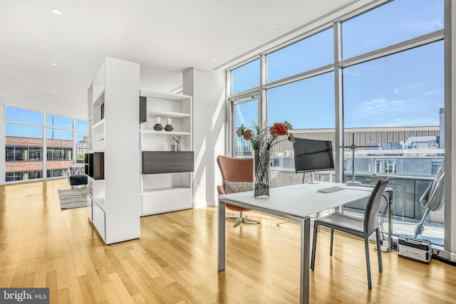 office area with a wall of windows and light wood-type flooring