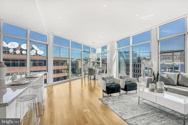 interior space with expansive windows and light wood-type flooring