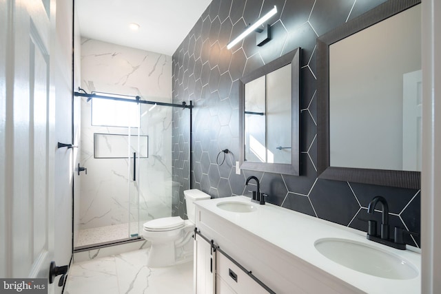 bathroom featuring backsplash, an enclosed shower, toilet, vanity, and tile walls