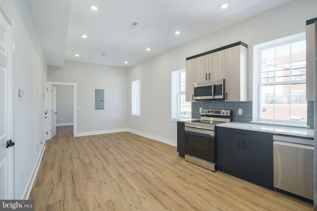 kitchen featuring light brown cabinets, stainless steel appliances, light hardwood / wood-style flooring, electric panel, and decorative backsplash