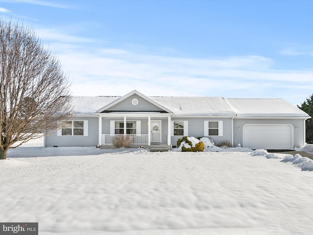 ranch-style home featuring a porch and a garage