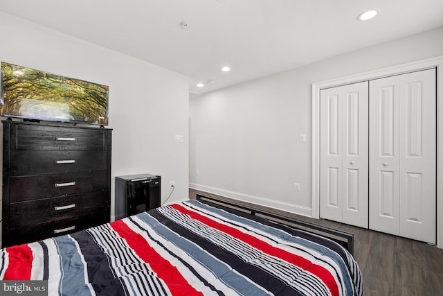 bedroom featuring dark wood-type flooring and a closet