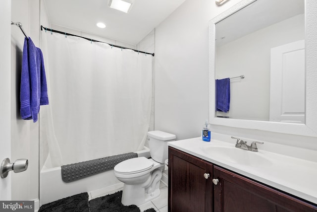 full bathroom with shower / bathtub combination with curtain, vanity, toilet, and tile patterned flooring