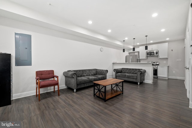 living room with electric panel and dark hardwood / wood-style flooring