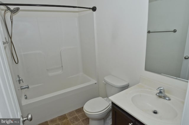 full bathroom featuring bathtub / shower combination, toilet, and vanity