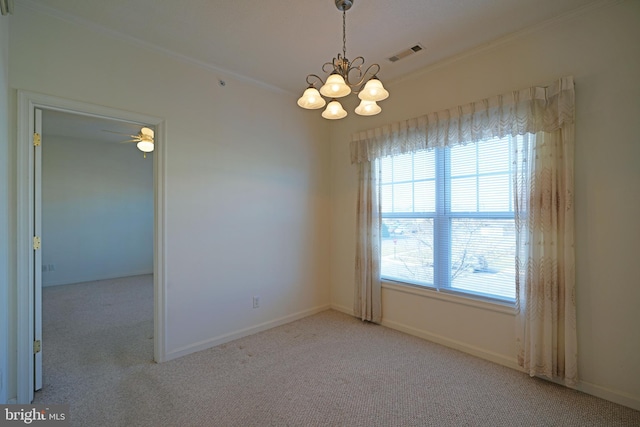 unfurnished room with light carpet, ceiling fan with notable chandelier, and ornamental molding