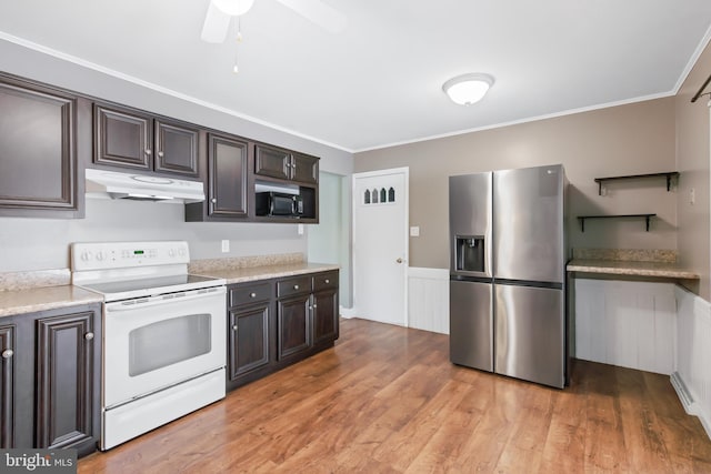 kitchen with stainless steel fridge, crown molding, light hardwood / wood-style floors, and white electric stove