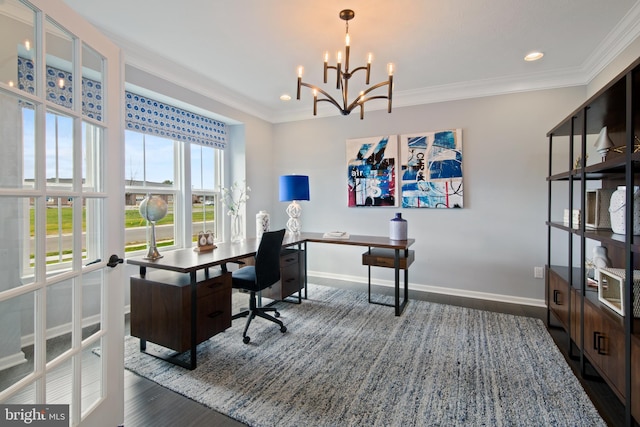 office area with dark hardwood / wood-style floors, crown molding, and a chandelier