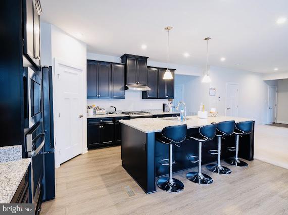 kitchen featuring a center island with sink, decorative light fixtures, light hardwood / wood-style floors, and sink