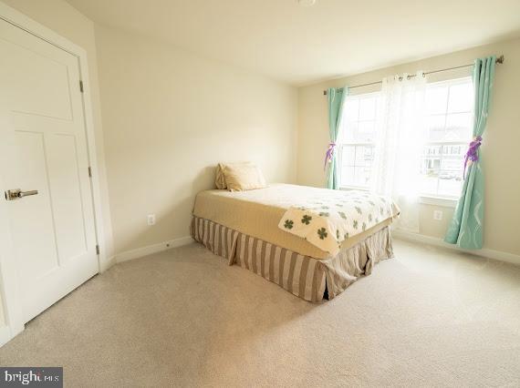 bedroom with light colored carpet