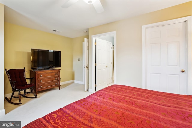 carpeted bedroom featuring ceiling fan