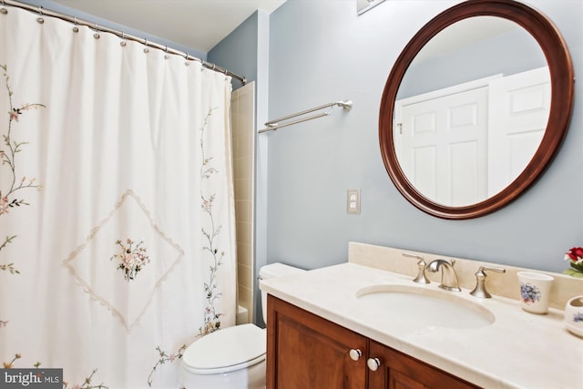 full bathroom featuring vanity, shower / bath combo, and toilet