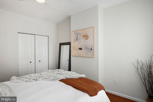 bedroom featuring ceiling fan, dark hardwood / wood-style floors, and a closet