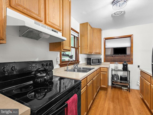 kitchen with black electric range oven, light hardwood / wood-style floors, and sink