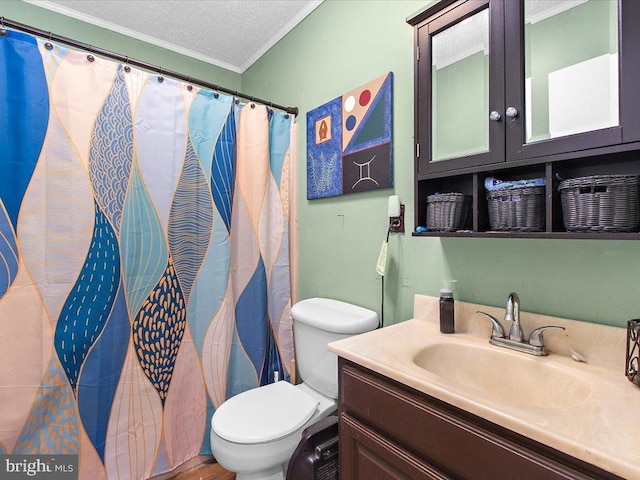 bathroom featuring toilet, crown molding, a textured ceiling, and vanity