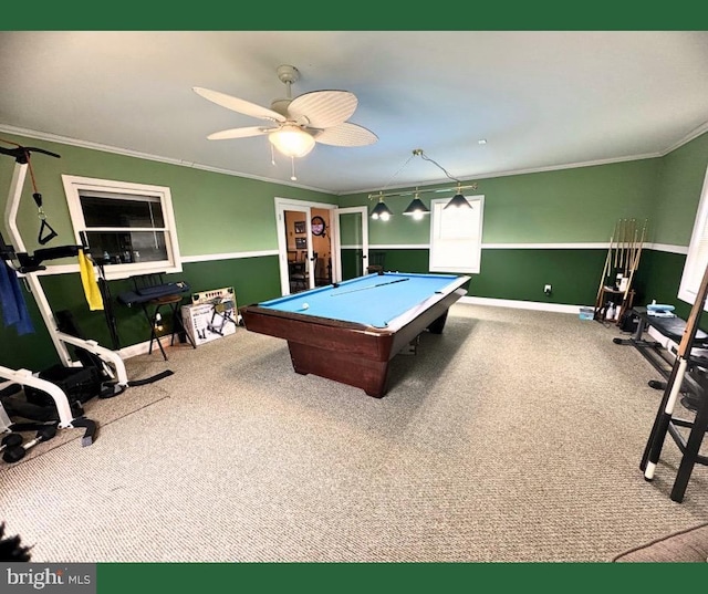 recreation room with carpet, ceiling fan, crown molding, and pool table