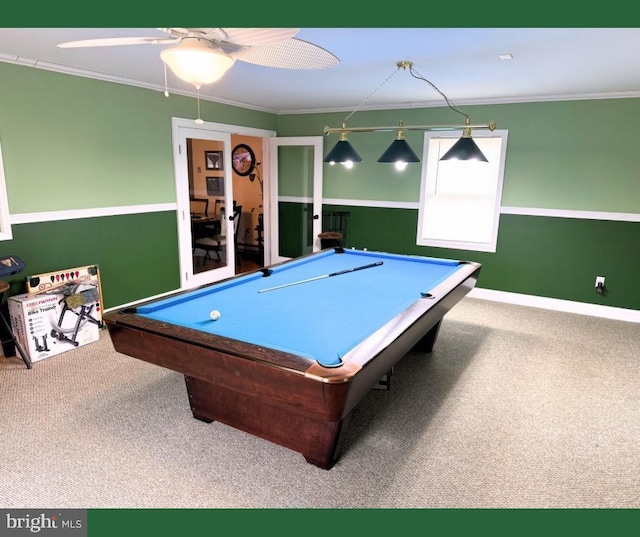 playroom featuring ceiling fan, carpet floors, crown molding, and billiards