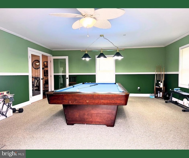 game room featuring carpet, billiards, ceiling fan, ornamental molding, and plenty of natural light