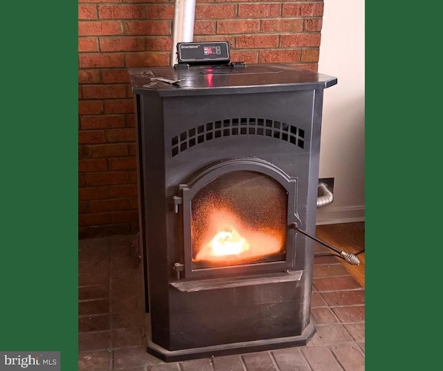 room details featuring a wood stove