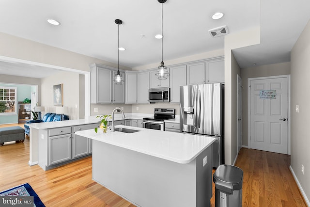 kitchen featuring kitchen peninsula, stainless steel appliances, sink, pendant lighting, and gray cabinets