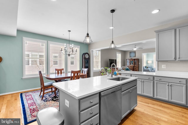 kitchen featuring gray cabinetry, stainless steel dishwasher, an island with sink, ceiling fan with notable chandelier, and light wood-type flooring