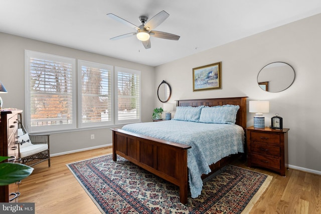 bedroom featuring light wood-type flooring and ceiling fan