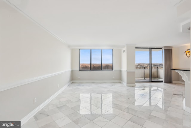 empty room with expansive windows, crown molding, and plenty of natural light