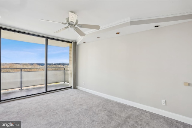 unfurnished room with a wall of windows, ceiling fan, and carpet flooring