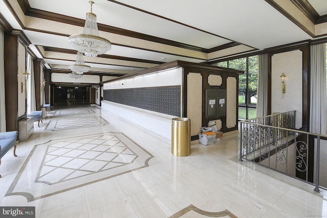 corridor featuring crown molding and an inviting chandelier