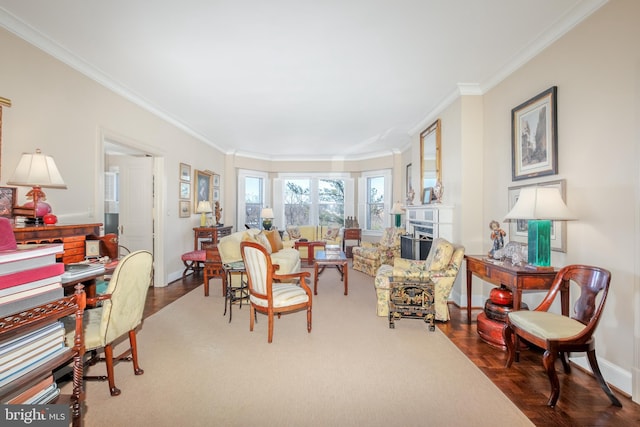 living room with crown molding