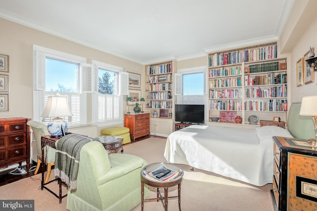 carpeted bedroom with ornamental molding