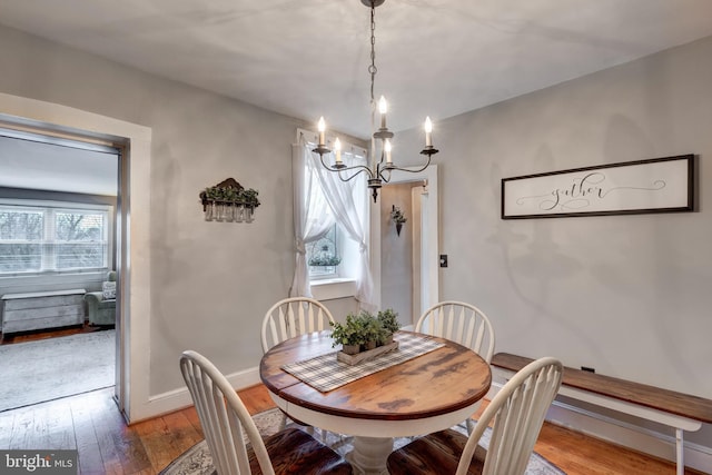 dining area with plenty of natural light, wood-type flooring, and a notable chandelier