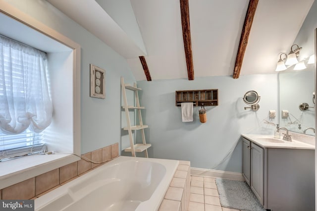 bathroom with vanity, vaulted ceiling with beams, tile patterned floors, and tiled tub