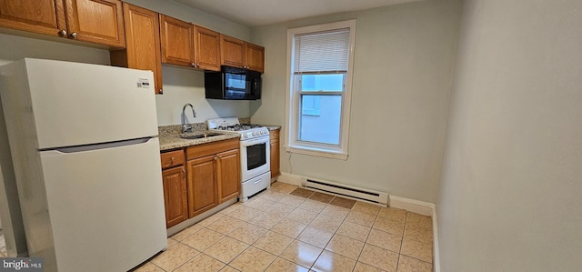 kitchen featuring white appliances, sink, a baseboard radiator, light tile patterned flooring, and light stone counters