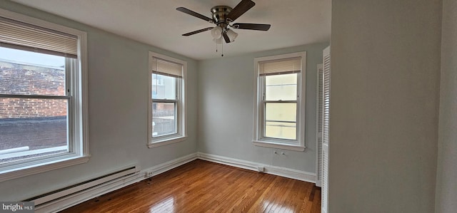 empty room featuring hardwood / wood-style floors, a baseboard radiator, and a wealth of natural light