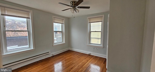 spare room featuring ceiling fan, wood-type flooring, and a baseboard radiator