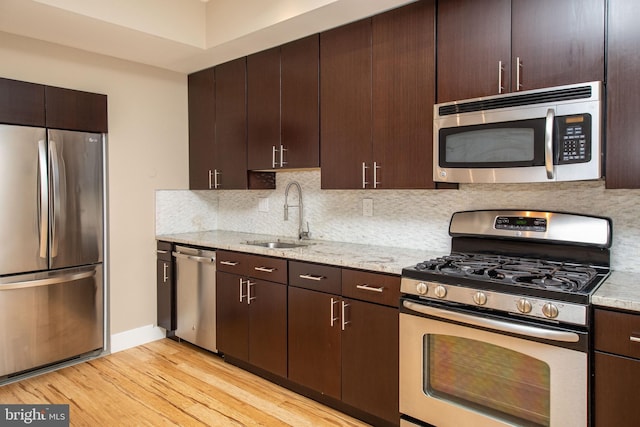 kitchen with decorative backsplash, sink, dark brown cabinets, and appliances with stainless steel finishes