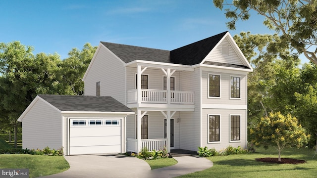 view of front of house with a porch, a garage, a balcony, and a front yard